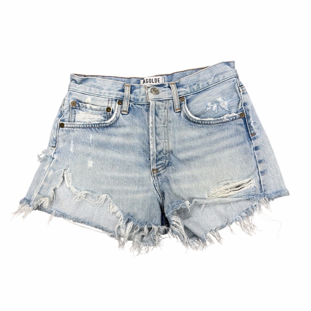 Agolde Light Blue Frayed Distressed Denim Shorts